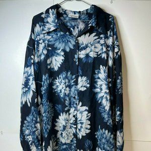 Kathryn Deene Plus Size 22/24 Semi Sheer Navy/White L/S Blouse Floral Print